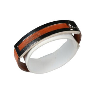 HERMES Belt Buckle Bracelet Adjustable Brown Leather Silver Metal Hardware